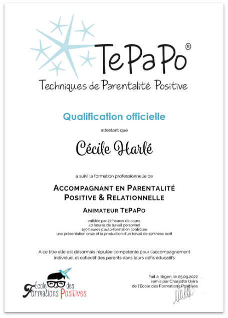 Qualification TEPAPO Cécile Harlé : techniques de parentalité positive